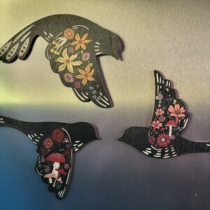 Folk Art Mushroom Floral Wood Bird Set of 3, Fridge or File Cabinet Magnets